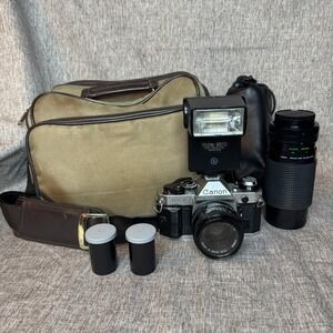 Canon AE-1 Program 35mm Film Camera w/ Flash + Canon FD 50mm Lens WORKS Japan